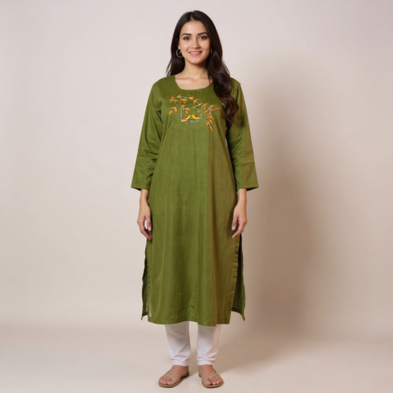 Hand-Embroidered Green Rayon Kurti | M