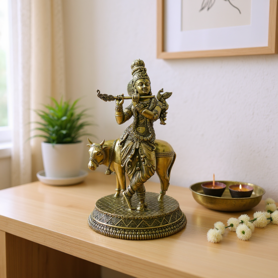 Brass Krishna with Cow Statue KBH09300