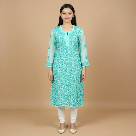 Hand-Embroidered Turquoise Chikankari Kurti | XL