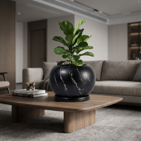 Handcrafted Round Pot|Black