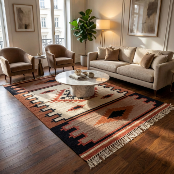 Handmade Cotton and Wool Rug — Multicolour