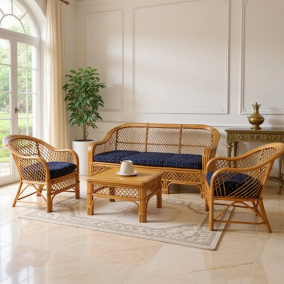 Ratan Bamboo 5 Seater Sofa Pack with Cushion | Brown