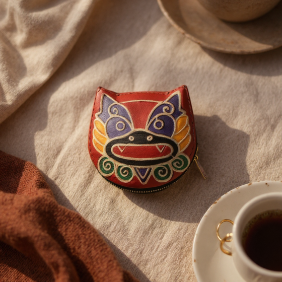  Genuine leather Small Coin Purse  Folk Mask Design