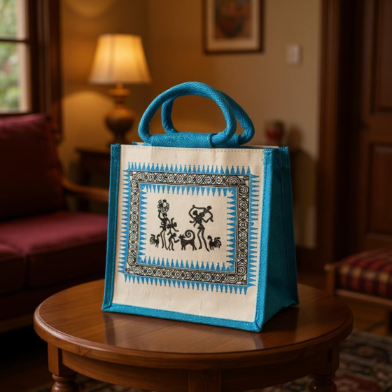 Handcrafted Eco Friendly Reusable Blue Jute Bag With Dancing Figures