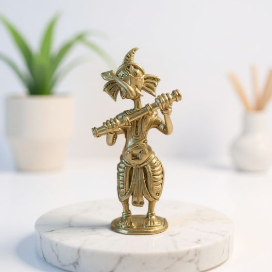 God 4-inch musical Ganesh with Flute- GI Certified Bengal Dokra