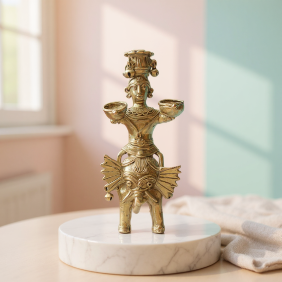 Dipa Rani 2 Diya Pot on Head on Elephant - GI Certified Bengal Dokra