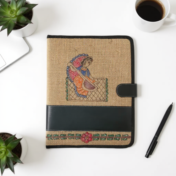 Exquisite Tikuli Painting Jute File Folder | Neutral Brown