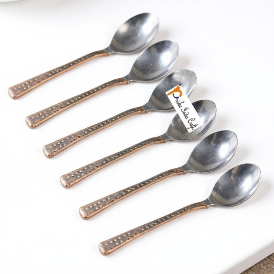 Prisha India Craft Hammered Design Steel Copper Spoon 7 Inch Set of 6