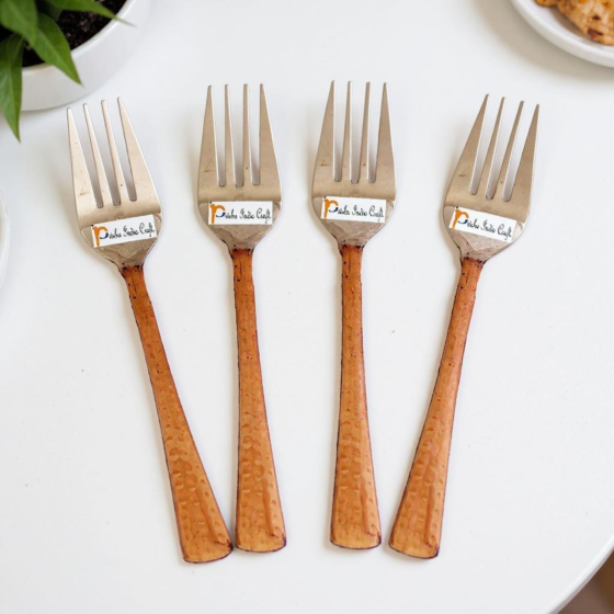 Prisha India Craft Steel Copper Fork  7 Inch  Set of 4