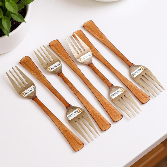 Prisha India Craft Steel Copper Fork 7 Inch | Set of 6
