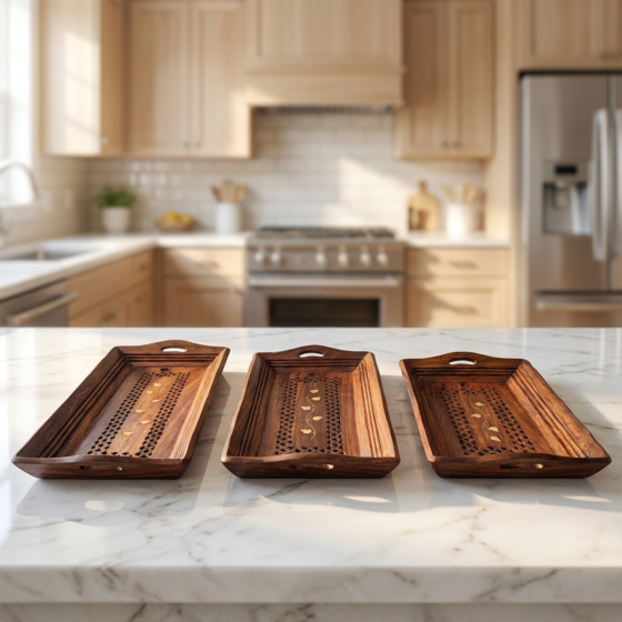 Handcrafted Sheesham Wood Trays | Set of 3