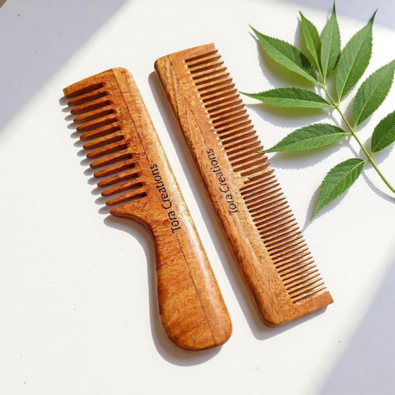 Neem Wood Comb Wide Tooth & Dual Tooth Comb Set Of 2