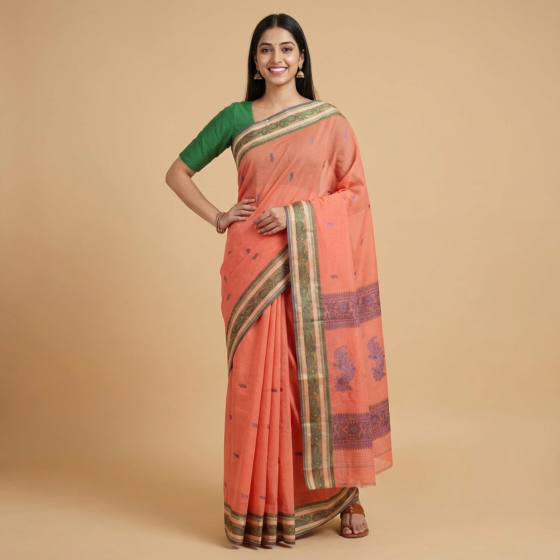 Handloom Cotton Orange Saree 