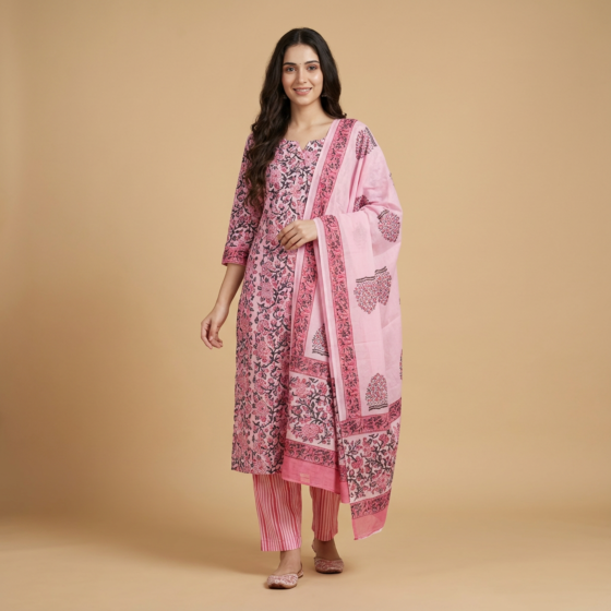 Sanganeri Handblock Print Pink Cotton Suit
