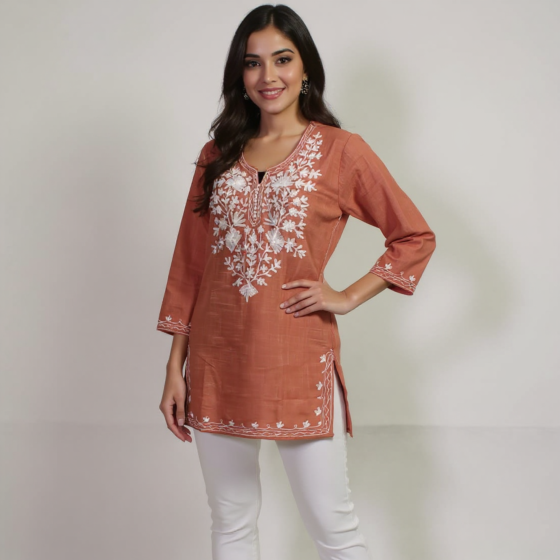 Women Embroidered Pure Cotton rust color short Kurta