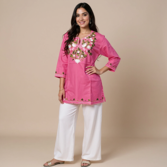 Women Embroidered Pure Cotton peach color short  Kurta  