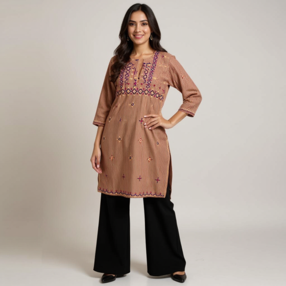 HAND MADE EMBROIDERED BROWN KURTA FOR LADIES