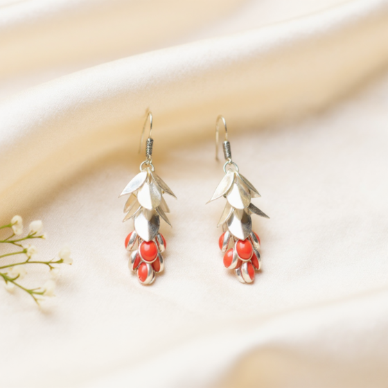 Silver Drop Earrings Red 