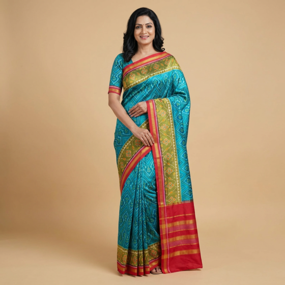 Handloom Single Ikat Mulberry Silk Saree | Blue