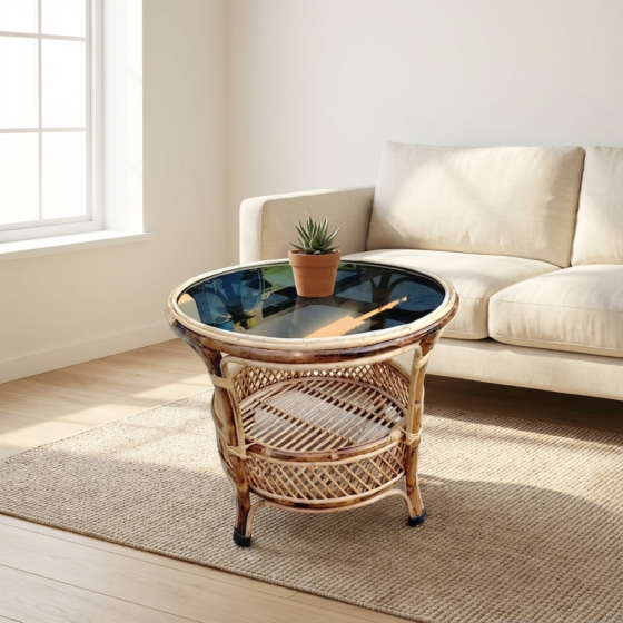 Handmade Cane Lawn Table with Glass Top