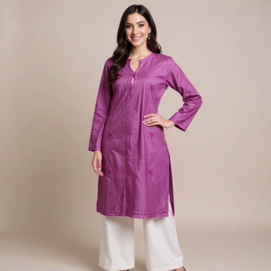 Cotton Kurta with Paper Machine Sozni Work- Light Pink