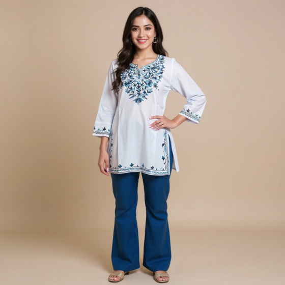 Women Embroidered Pure Cotton white short Kurta  