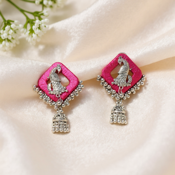 Trendy Silk Oxidized Peacock Jhumka Earrings | Pink