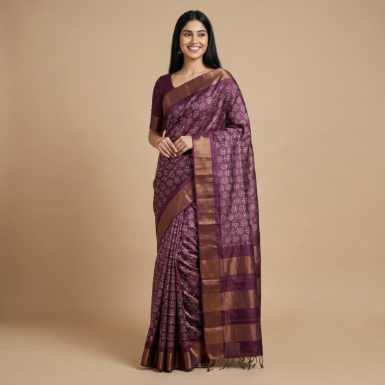 Handloom Tussar Silk Handblock Print Saree | Purple