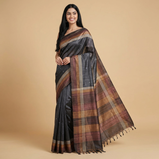 Handloom Tussar Silk Handblock Print Saree | Black