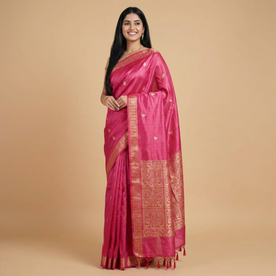 Handcrafted Pure Tussar Silk Tribal Jala Weaving Saree