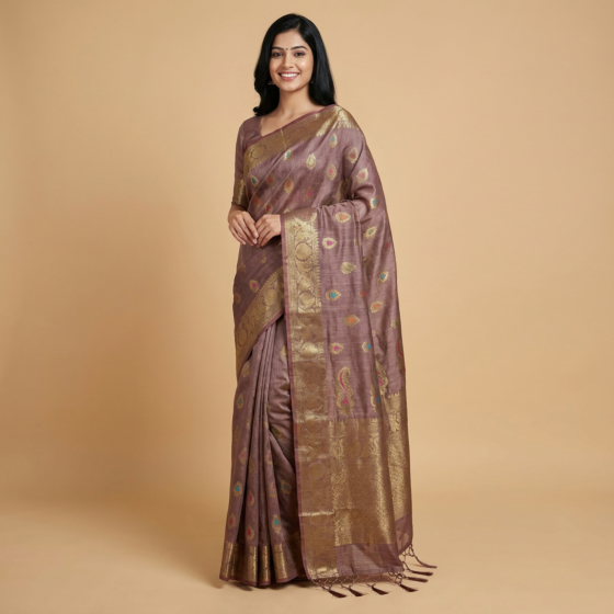 Handloom Tussar Muga Silk Banarasi Saree with Blouse | Purple