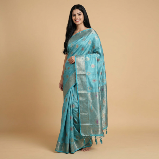 Handloom Tussar Muga Silk Banarasi Saree with Blouse | Sky Blue
