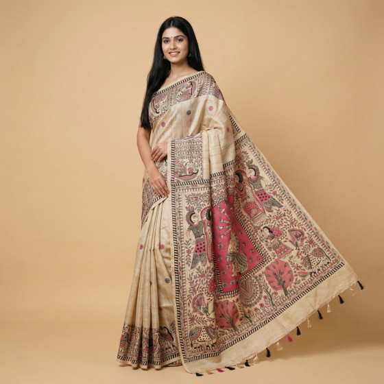 Hand-Painted Madhubani Tussar Silk Saree