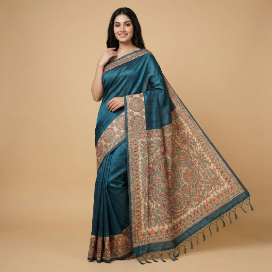 Hand-Painted Madhubani Tussar Silk Saree | Teal Green