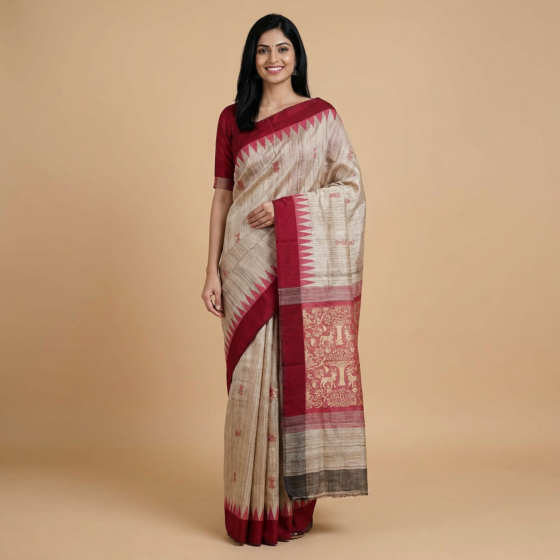 Handwoven Sambalpuri Ikat Border Tussar Silk Saree | Beige & Red