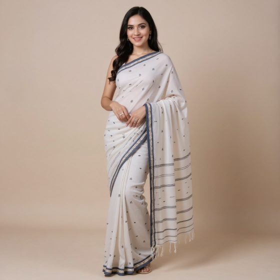 Bengal Pure Cotton Tangail Saree | White