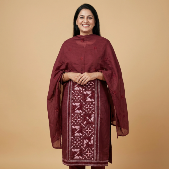 Handcrafted Maroon Thread Work Punjabi Unstitched Suit Material