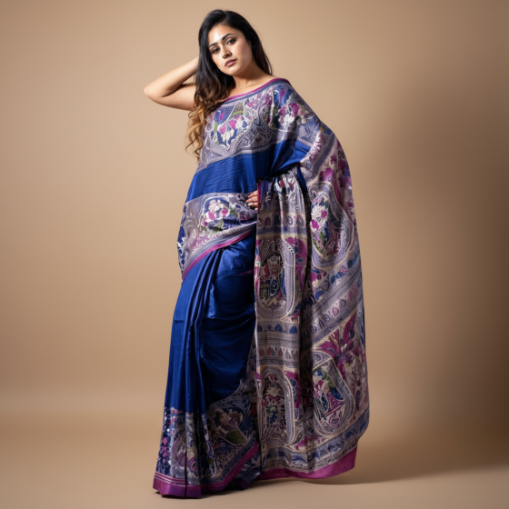 Handwoven Bhagalpuri Silk Printed Blue Saree