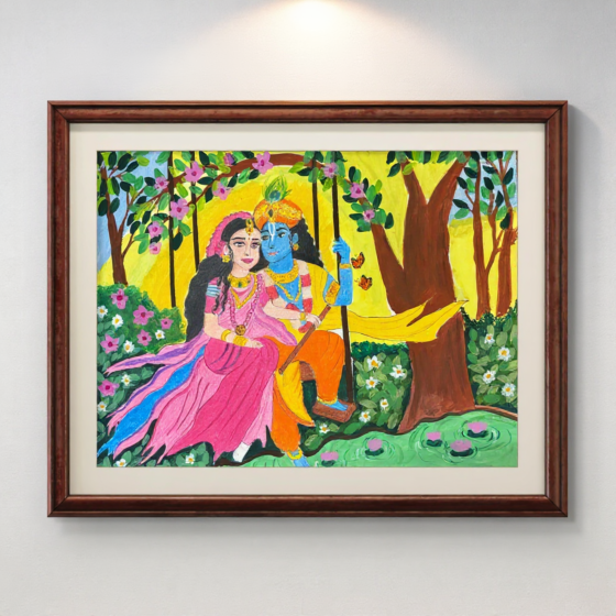 Lord Krishna and Radha Pencil Colour Painting | With Frame