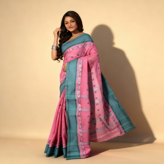 Handwoven Cotton Saree I Pink and Teal