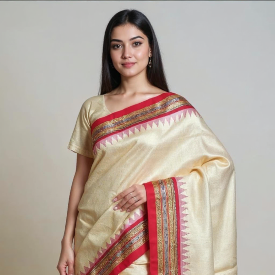Vidarbha Tussar Karvathi Saree with Red Border