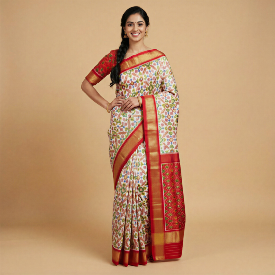 Handloom Ikkat Silk White & Red Saree
