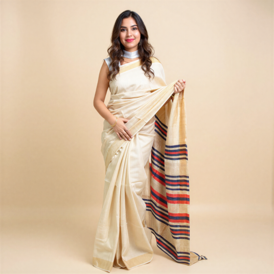 Golden Tussar Silk Saree with Multi Colour Stripes