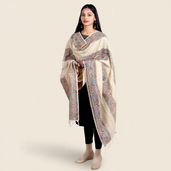 Hand-Painted Madhubani Cotton Multicolour Dupatta