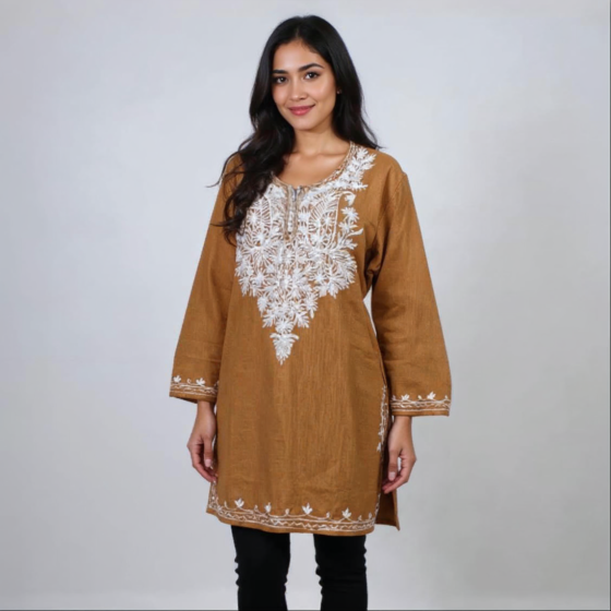 Women Embroidered Pure Cotton  white Short Kurta  