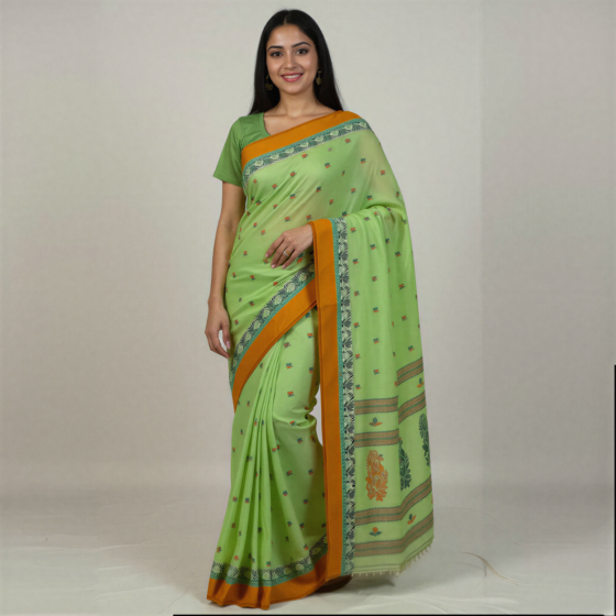 Handloom Cotton Green Saree with Blouse Piece
