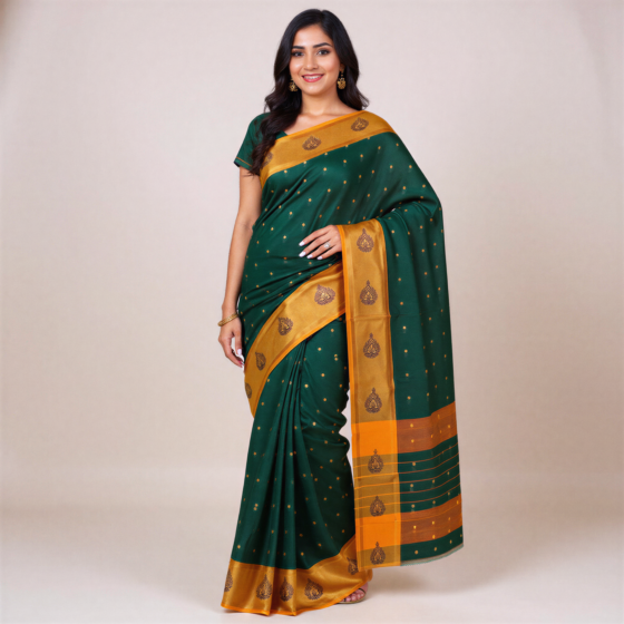 Handloom Cotton Dark Green Saree with Blouse Piece