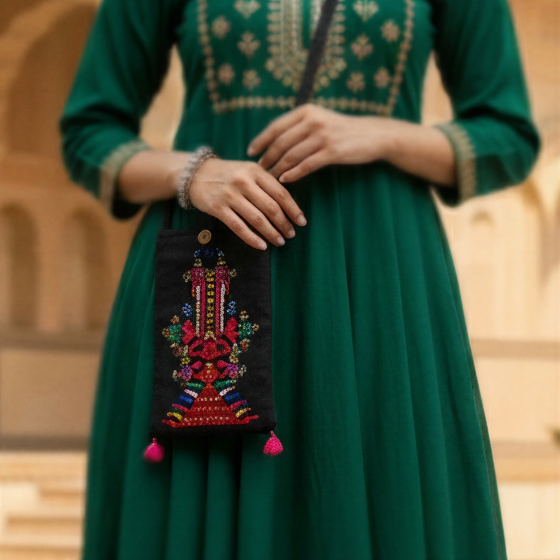 Hand-Embroidered Floral Black Sling Bag