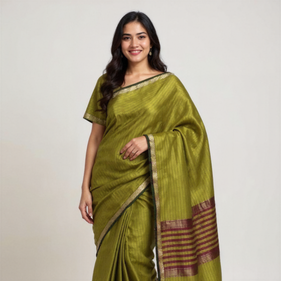 Cotton Saree with Blouse Piece | Olive Green