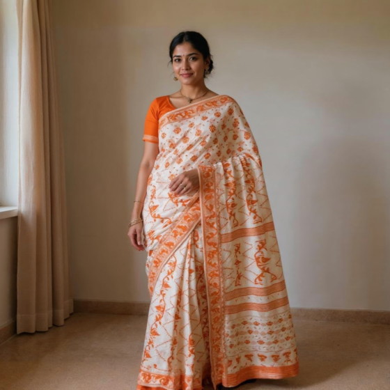 Bengal Soft Cotton Saree-Orange